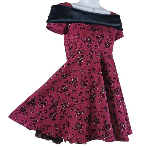Knit Works Girls Sz 10 Burgundy Floral Fit & Flare Dress Velvet Yoke Tulle Lined - Picture 3 of 9